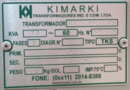 H-18. **ALUGUEL**Transformador Trifásico Kva 75 - Hz 60 -Tipo TKS -Prim.208 -Sec.380 / N 